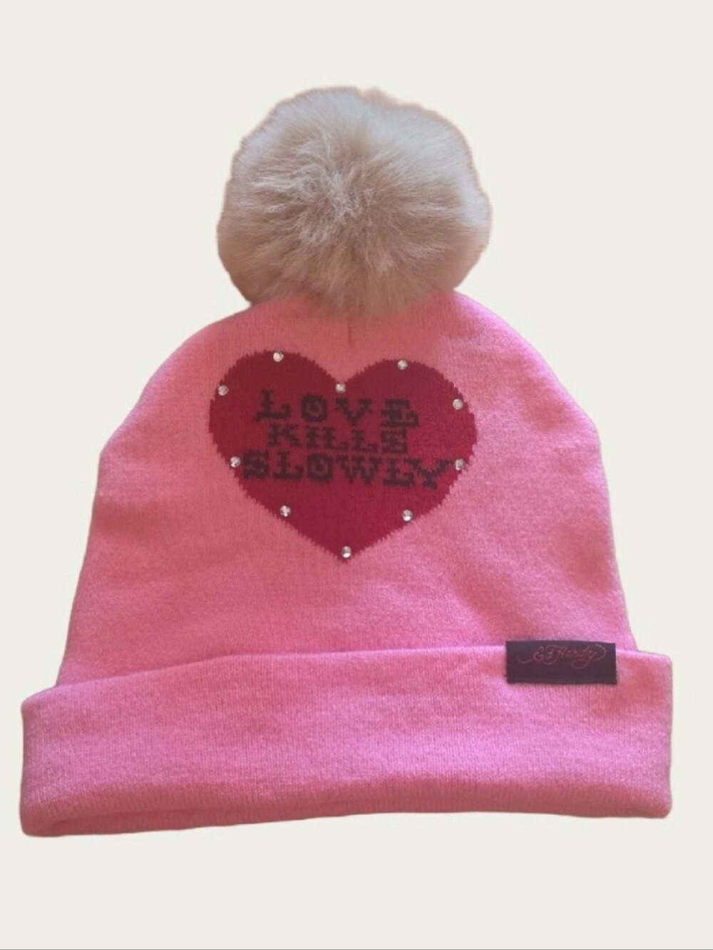 Ed Hardy Pink "Love Kills Slowly" Rhinestone Pom-Pom Beanie, Hat Only.